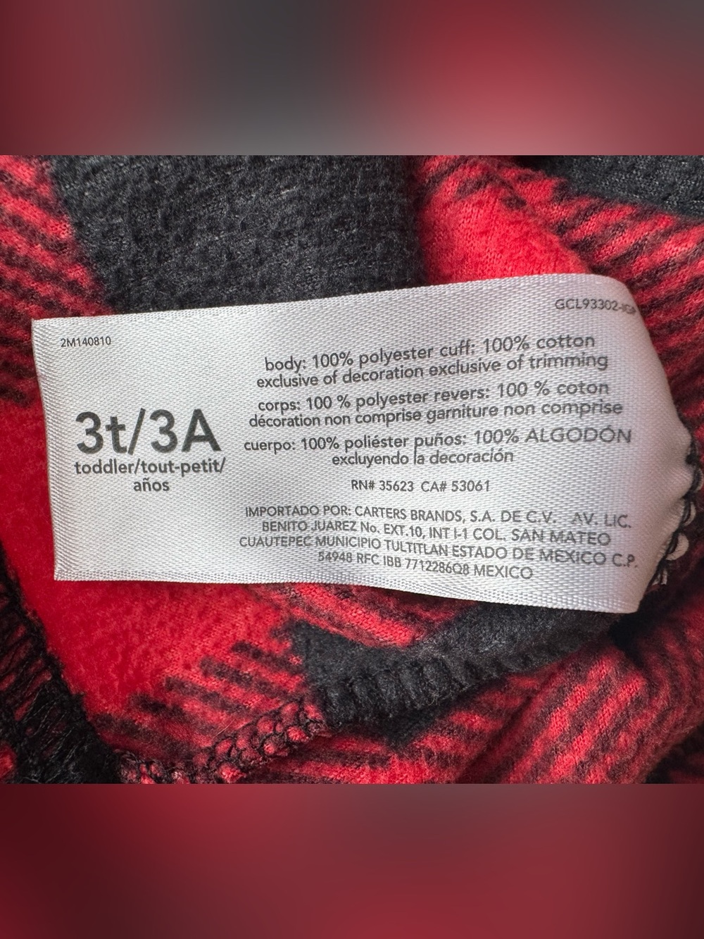 Carter’s Red Black Buffalo Plaid Sherpa Lined Pullover Fleece 3T - Picture 5 of 5